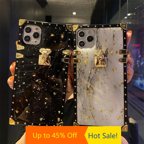 Image of iPhone 12 11 pro max x xs xr Luxury Bling Gold Foil Marble Square Phone Case For iphones xsmas 8 7 plus back cover box sharp edge angle