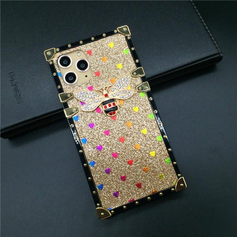 Image of iPhone 12 PRO X XS Max Case For XR Love Heart Square Phone Cover Casing Luxury Brand Bling Bee for iphone 11 PRO MAX 7 Plus 8 6 6S