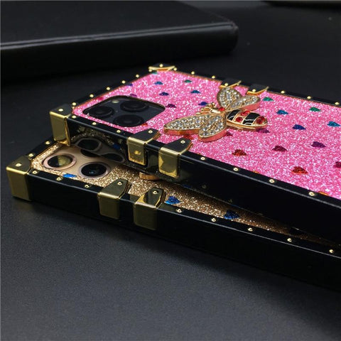Image of iPhone 12 PRO X XS Max Case For XR Love Heart Square Phone Cover Casing Luxury Brand Bling Bee for iphone 11 PRO MAX 7 Plus 8 6 6S