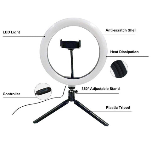 Image of 10 Inch LED Ring Light Dimmable Selfie Lamp with Tripod Photography Camera Phone Light for Makeup Video Live