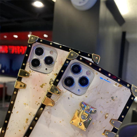 Image of iPhone 12 11 pro max x xs xr Luxury Bling Gold Foil Marble Square Phone Case For iphones xsmas 8 7 plus back cover box sharp edge angle