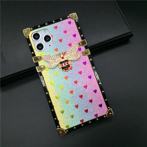 Image of iPhone 12 PRO X XS Max Case For XR Love Heart Square Phone Cover Casing Luxury Brand Bling Bee for iphone 11 PRO MAX 7 Plus 8 6 6S