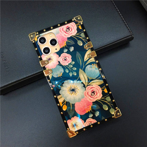 Image of Luxury Gold Plating Floral Laser Flower Square Cover For iPhones