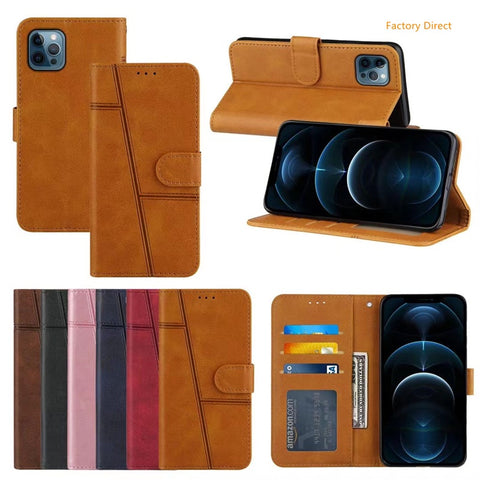 Image of Leather Flip case for iPhone 12 Pro Max 13 11 stylish cover shell with stand holder and card slot window hole wallet back cover For apple X XR XS Max 78 plus SE 2020 with magnetic plate