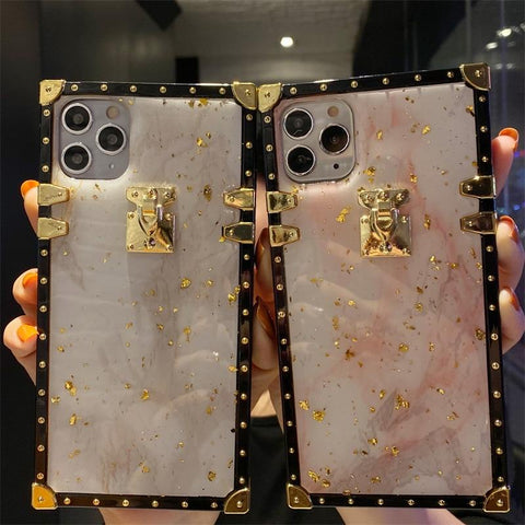 Image of iPhone 12 11 pro max x xs xr Luxury Bling Gold Foil Marble Square Phone Case For iphones xsmas 8 7 plus back cover box sharp edge angle