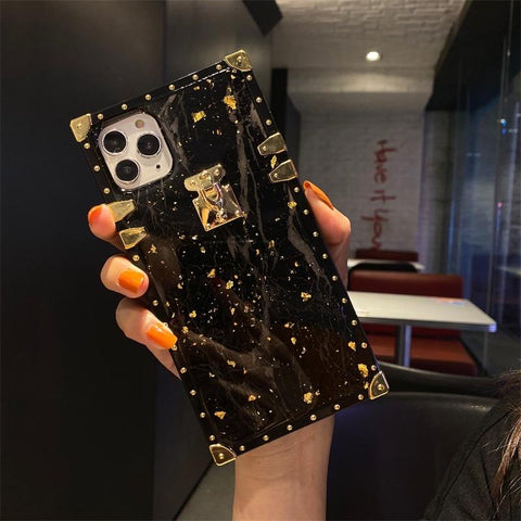 Image of iPhone 12 11 pro max x xs xr Luxury Bling Gold Foil Marble Square Phone Case For iphones xsmas 8 7 plus back cover box sharp edge angle