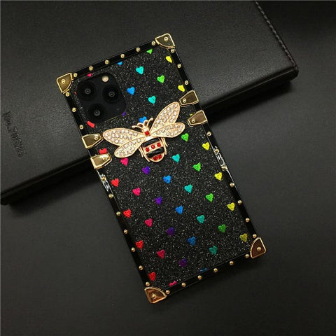Image of iPhone 12 PRO X XS Max Case For XR Love Heart Square Phone Cover Casing Luxury Brand Bling Bee for iphone 11 PRO MAX 7 Plus 8 6 6S