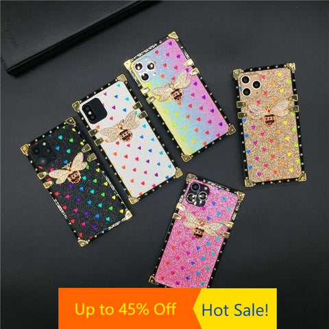Image of iPhone 12 PRO X XS Max Case For XR Love Heart Square Phone Cover Casing Luxury Brand Bling Bee for iphone 11 PRO MAX 7 Plus 8 6 6S