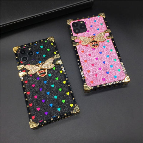 Image of iPhone 12 PRO X XS Max Case For XR Love Heart Square Phone Cover Casing Luxury Brand Bling Bee for iphone 11 PRO MAX 7 Plus 8 6 6S