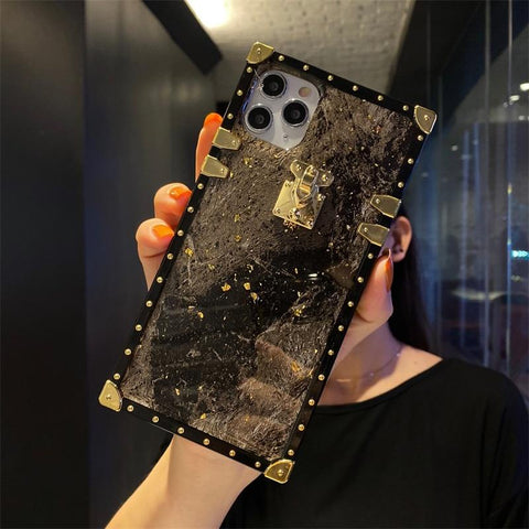 Image of iPhone 12 11 pro max x xs xr Luxury Bling Gold Foil Marble Square Phone Case For iphones xsmas 8 7 plus back cover box sharp edge angle