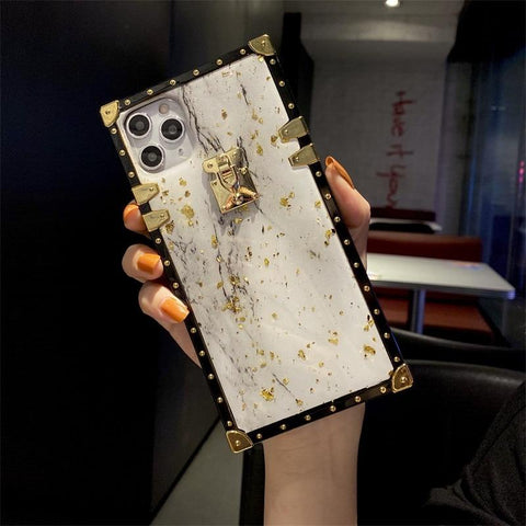 Image of iPhone 12 11 pro max x xs xr Luxury Bling Gold Foil Marble Square Phone Case For iphones xsmas 8 7 plus back cover box sharp edge angle