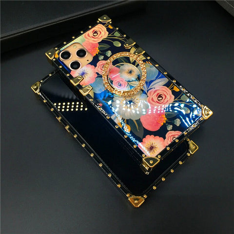 Image of Luxury Gold Plating Floral Laser Flower Square Cover For iPhones