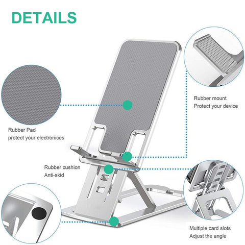 Image of Adjustable Cell Phone Stand Foldable  Aluminum Desktop Phone Holder with retail packaging