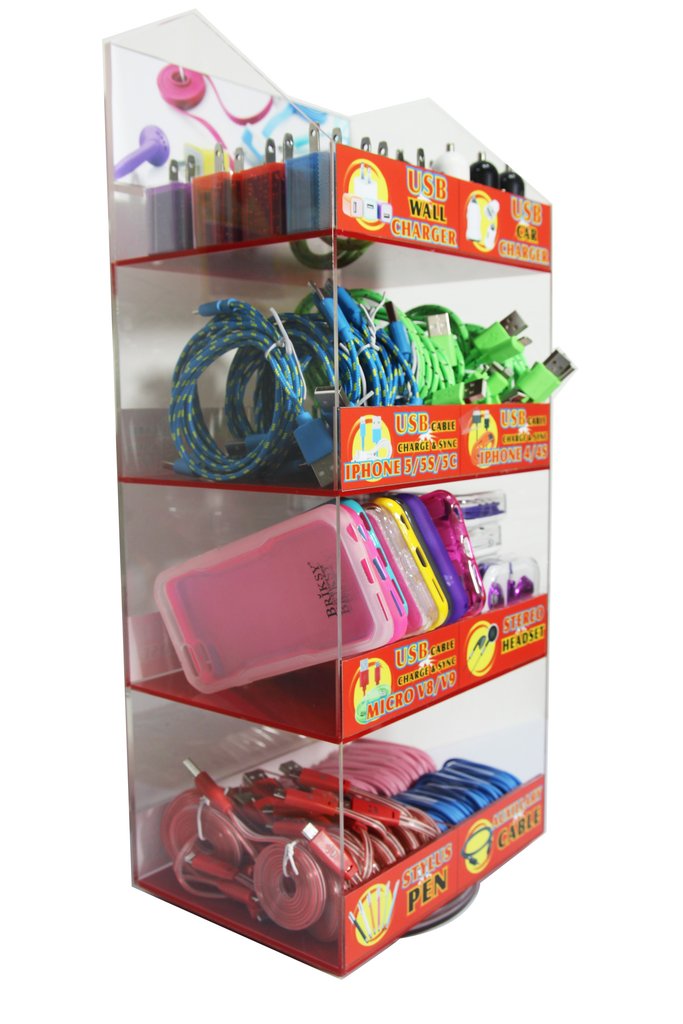 Retail store counter top display case for cell phone accessories chargers for convenient stores gas stations