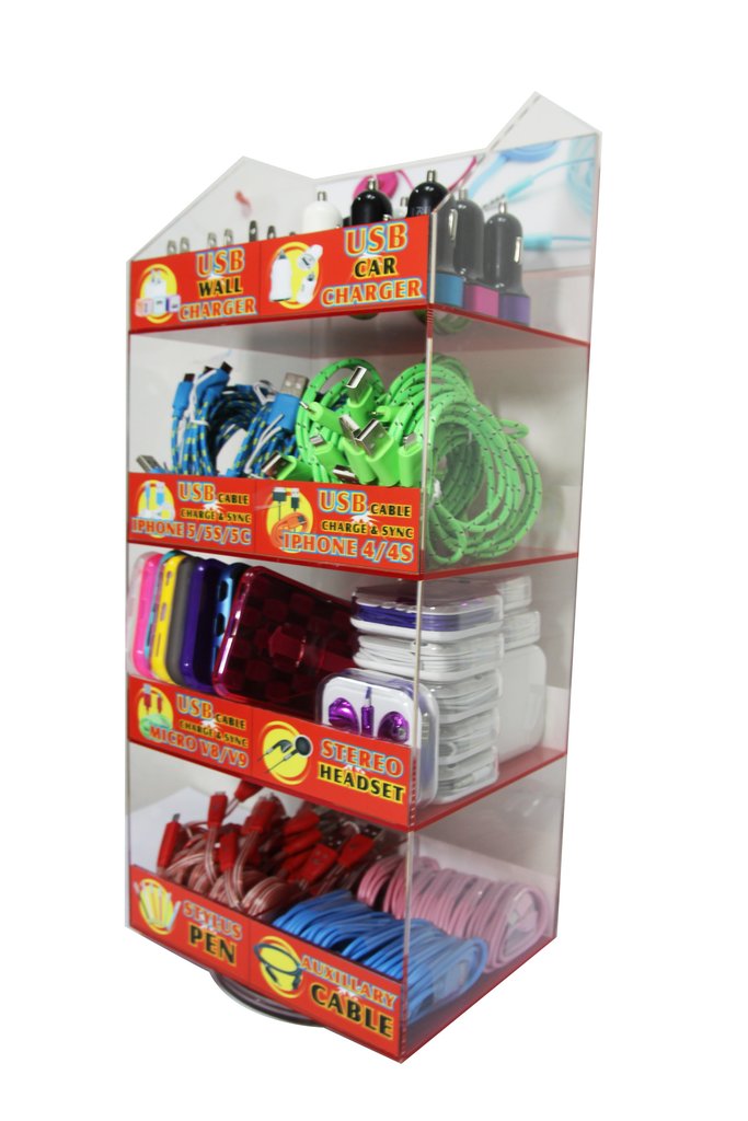 Retail store counter top display case for cell phone accessories chargers for convenient stores gas stations