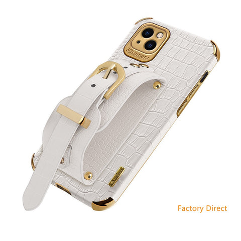 Image of New iPhone14 13 pro max 12 Mini 11 Crocodile leather case with wrist strap