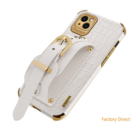 Image of New iPhone14 13 pro max 12 Mini 11 Crocodile leather case with wrist strap