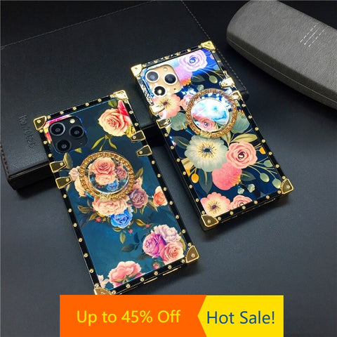 Image of Luxury Gold Plating Floral Laser Flower Square Cover For iPhones