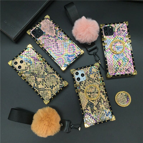 Image of Samsung Note 20 Ultra S10 S20 Plus S21 Ultra S8 S9 9 8 10 A51 A71 A20S A50 A70 Fashion Snake skin Square Phone Cover Case with strap lanyard