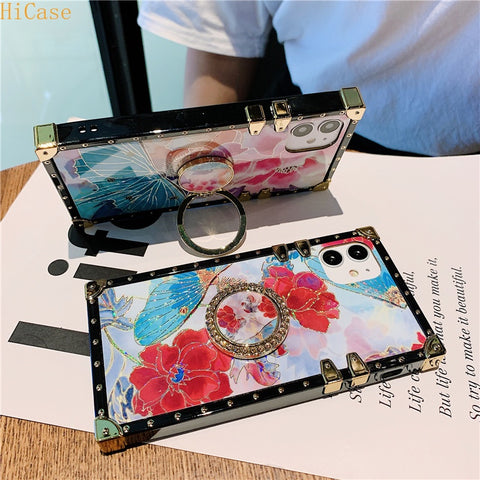 Image of Glitter Flower Case with Diamond Ring Holder for iPhone models