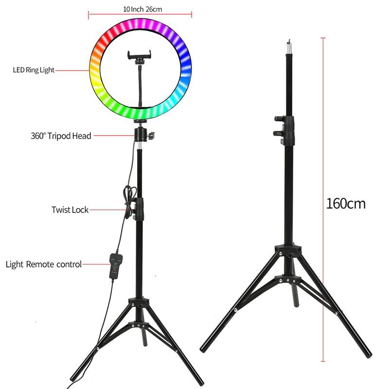 10" RGB LED Ring Light Selfie Photographic Lighting Colorful Ring Lamp Dimmable with Control Stand for TikTok Youtube Vlog Live