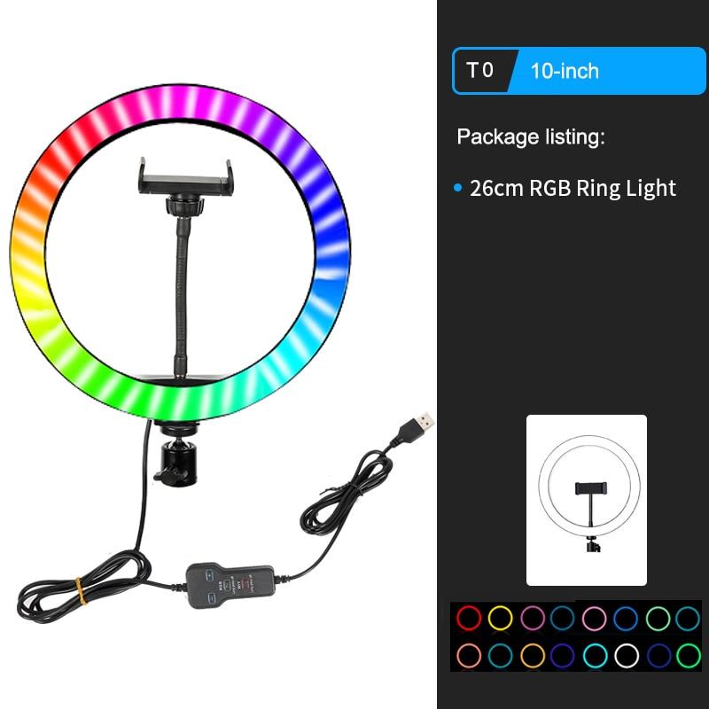 10" RGB LED Ring Light Selfie Photographic Lighting Colorful Ring Lamp Dimmable with Control Stand for TikTok Youtube Vlog Live