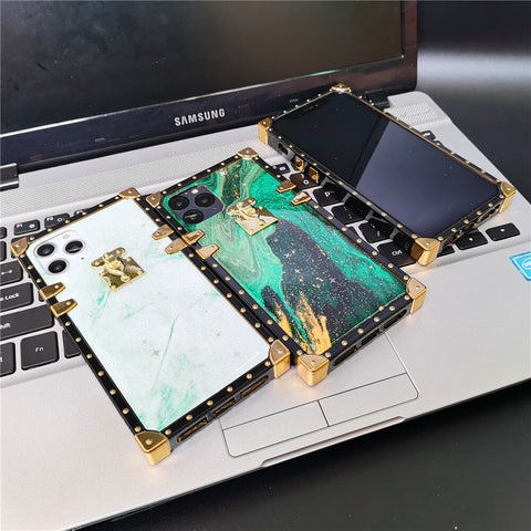 Image of Fashion Colorful Glitter Marble Stone Square Gold Cover for iPhone