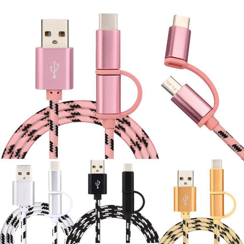 Image of 2 in 1 charging cable sync data cables for iphone +android and android+ type c