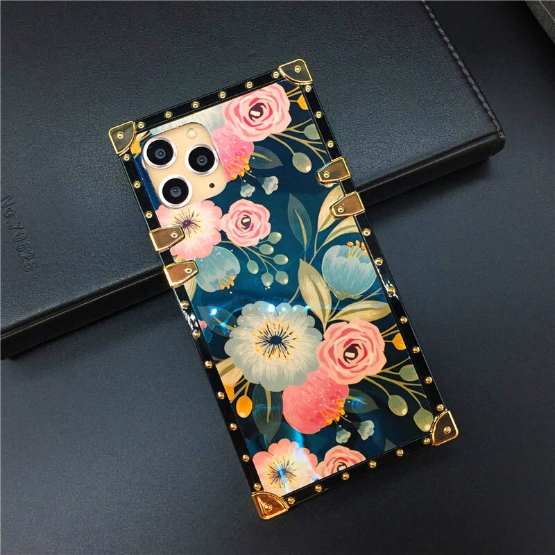 Luxury Gold Plating Floral Laser Flower Square Cover For iPhones