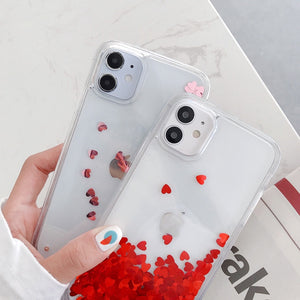 iPhone 13 12 Mini 11 Pro Max cute shining Casing red heart glitter liquid quicksand phone case For apple X XR XS Max SE 2020 with gold silver hearts