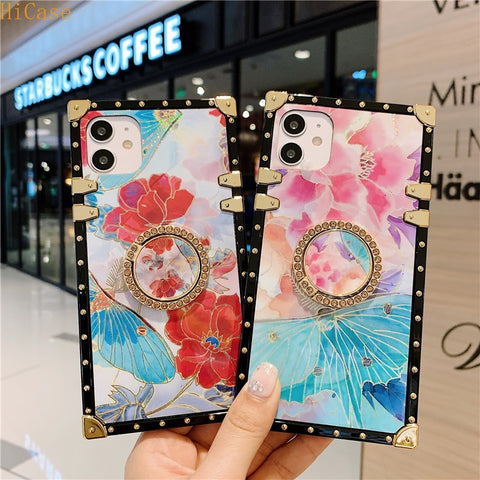 Image of Glitter Flower Case with Diamond Ring Holder for iPhone models