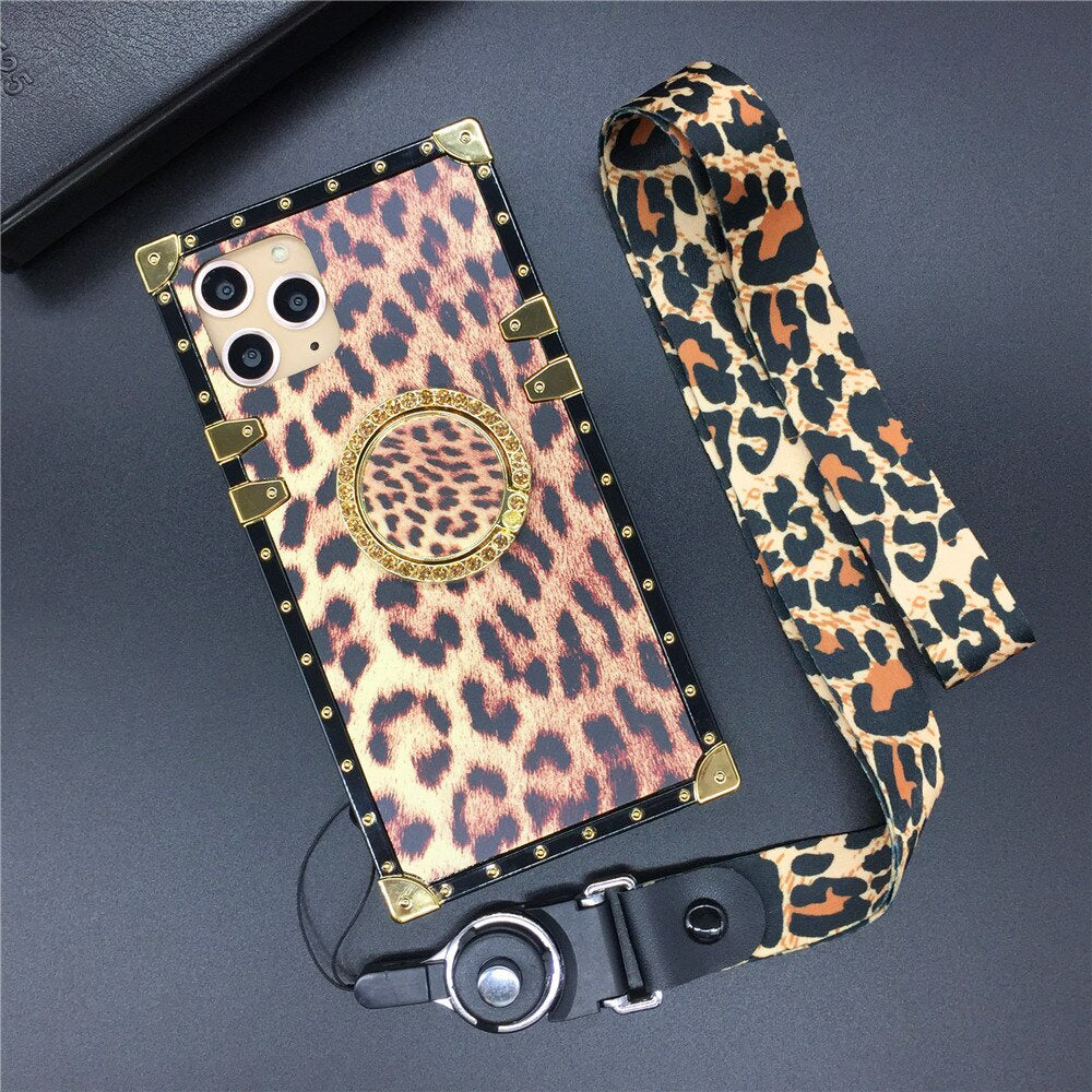 Square Luxury Glitter Fashion Leopard Print Cover Case for iPhone models