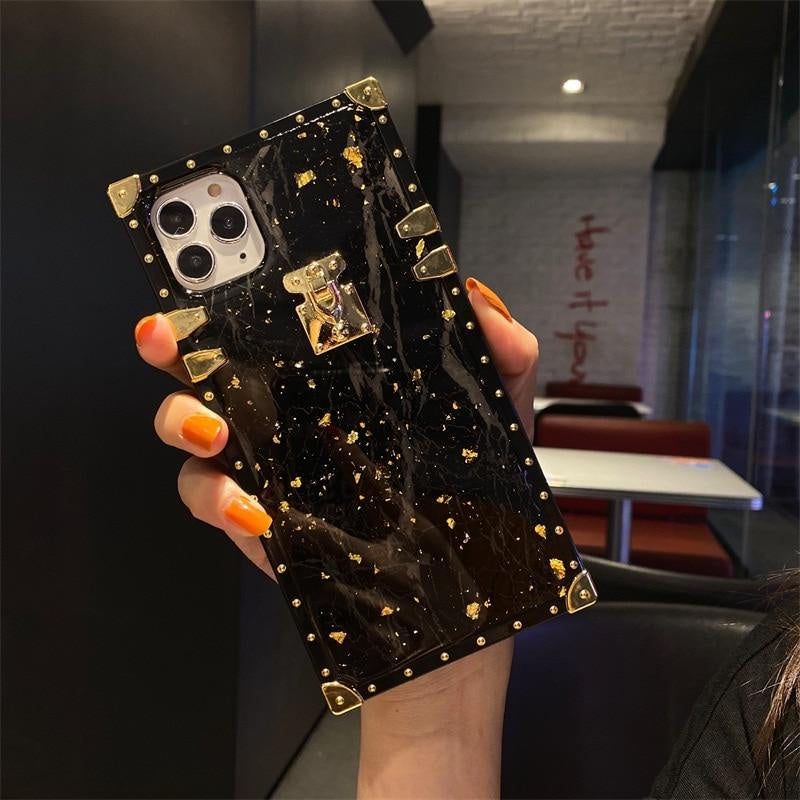iPhone 12 11 pro max x xs xr Luxury Bling Gold Foil Marble Square Phone Case For iphones xsmas 8 7 plus back cover box sharp edge angle