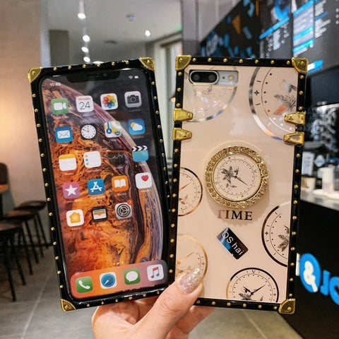 Image of Luxury Time Pattern Square Phone Case for Samsung A10 A20 A30 A50 A70 A12 A10S A20S A71 A01 A41 Coque Bling Ring Holder Cover