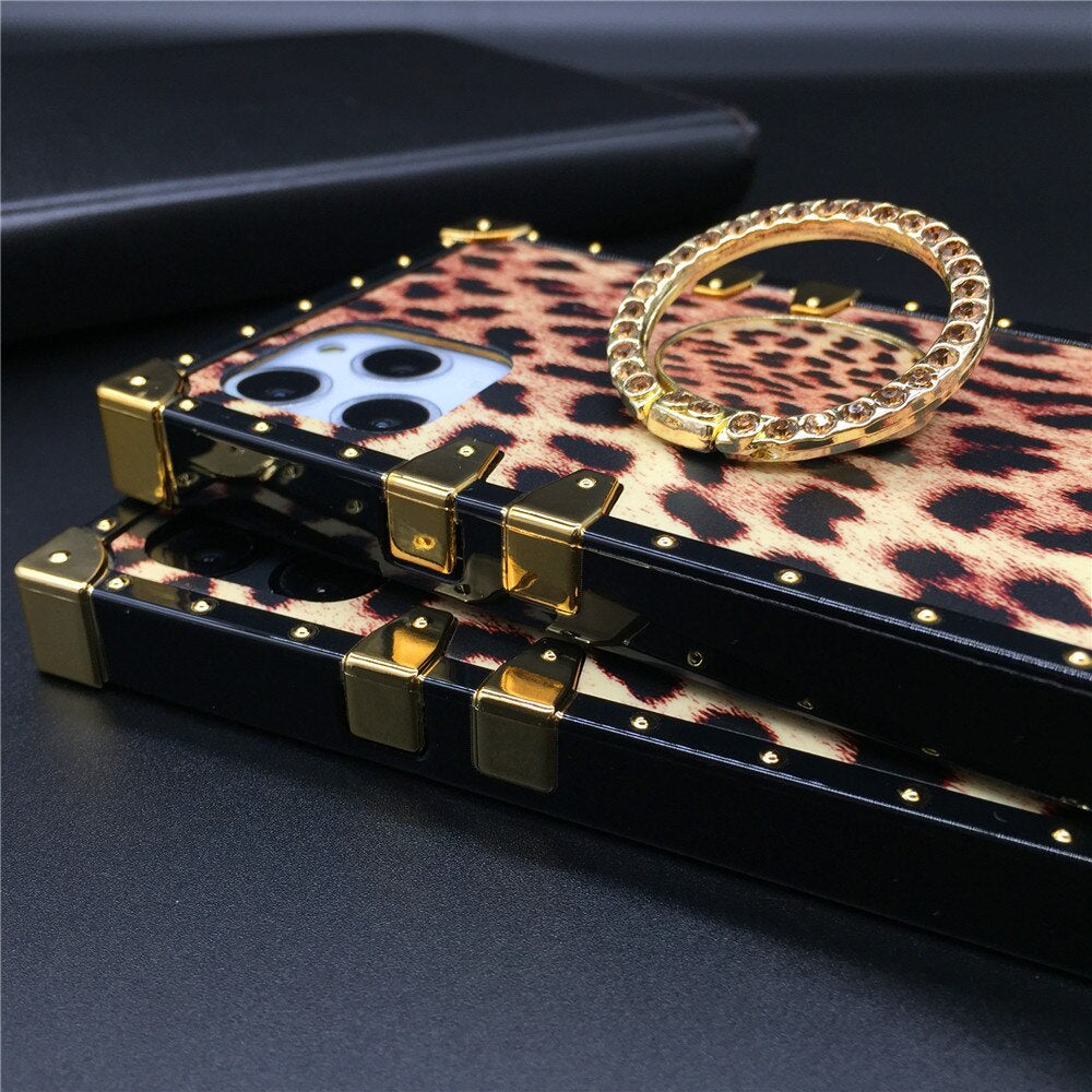Square Luxury Glitter Fashion Leopard Print Cover Case for iPhone models