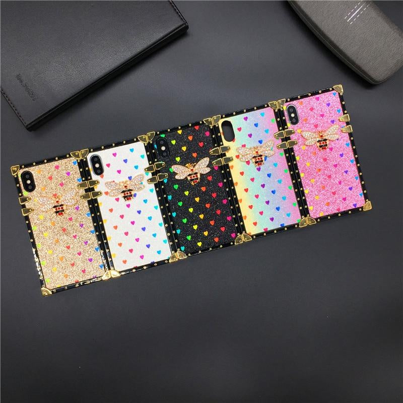 iPhone 12 PRO X XS Max Case For XR Love Heart Square Phone Cover Casing Luxury Brand Bling Bee for iphone 11 PRO MAX 7 Plus 8 6 6S