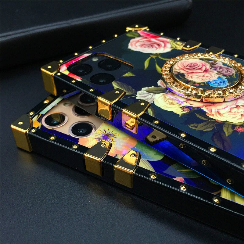 Luxury Gold Plating Floral Laser Flower Square Cover For iPhones