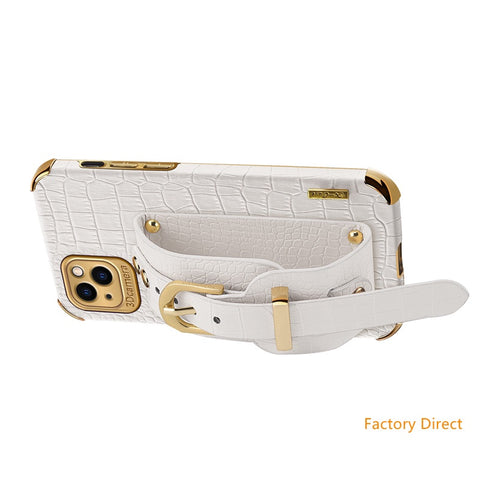 Image of New iPhone14 13 pro max 12 Mini 11 Crocodile leather case with wrist strap