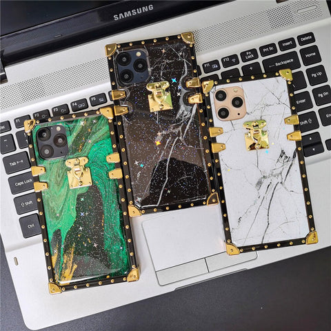 Image of Fashion Colorful Glitter Marble Stone Square Gold Cover for iPhone