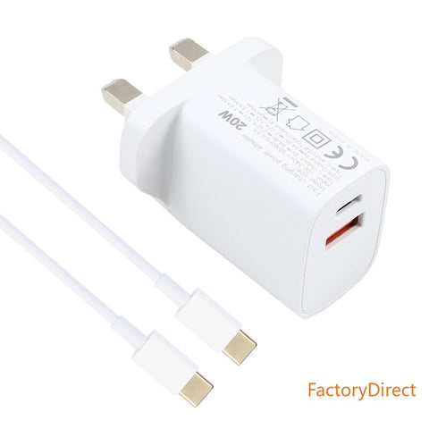 Image of 20W USB-C / Type-C + USB Ports Charger with 100W Type-C to Type-C Fast Charging Cable  UK Plug  EU Plug US Plug
