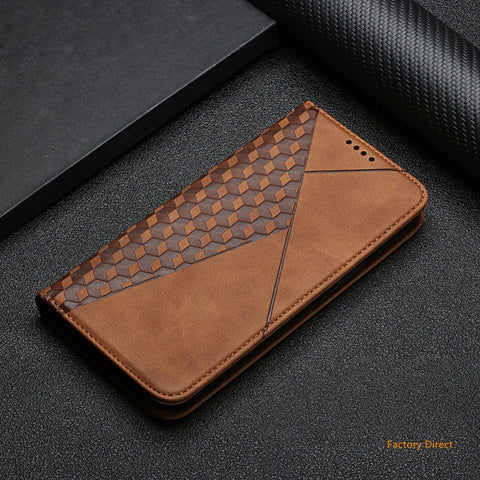 Image of Galaxy A02S A12 A13 A22 A21S A51 A71 Stylish Flip case Samsung A22 A32 A42 A52 A72 4G 5G Luxury Shockproof Grid pattern Leather flip cover with stand holder and card slot window hole wallet back cover