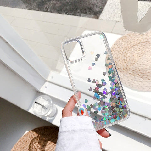Image of iPhone 13 12 Mini 11 Pro Max cute shining Casing red heart glitter liquid quicksand phone case For apple X XR XS Max SE 2020 with gold silver hearts