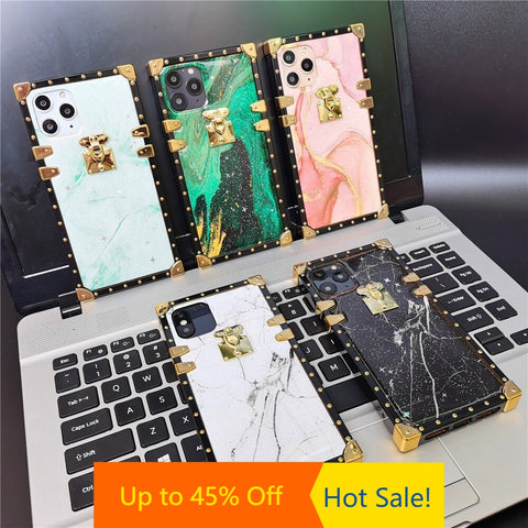 Image of Fashion Colorful Glitter Marble Stone Square Gold Cover for iPhone