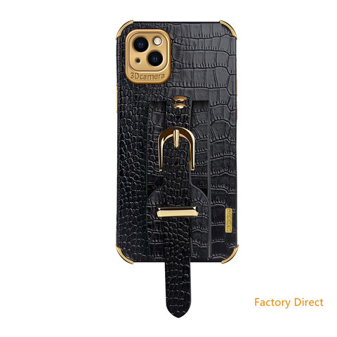 Image of New iPhone14 13 pro max 12 Mini 11 Crocodile leather case with wrist strap