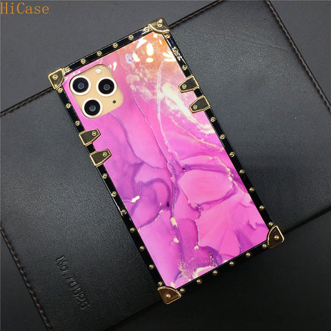Image of Colorful Laser Glitter Pink Marble Soft Silicone Square Cover for iPhones