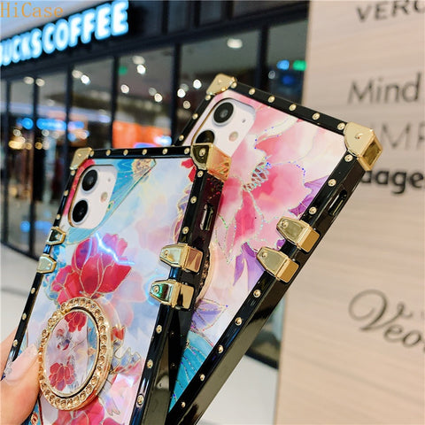 Image of Glitter Flower Case with Diamond Ring Holder for iPhone models