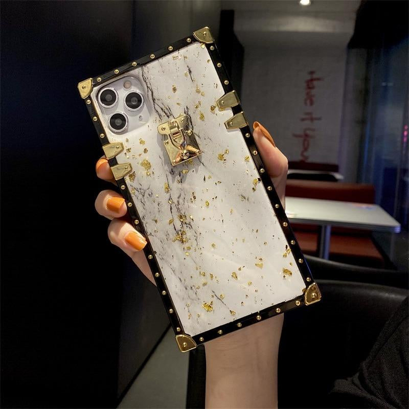 iPhone 12 11 pro max x xs xr Luxury Bling Gold Foil Marble Square Phone Case For iphones xsmas 8 7 plus back cover box sharp edge angle