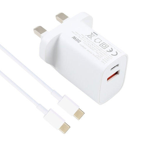 Image of 20W USB-C / Type-C + USB Ports Charger with 100W Type-C to Type-C Fast Charging Cable  UK Plug  EU Plug US Plug