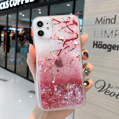 Image of Shining Casing for Samsung A10S A12 A20 A30 A21S A31 A50 A51 A52 A70 A71 A81 A91 Cute peach flower glossy quicksand phone case pink flowing flowerings for woman kids