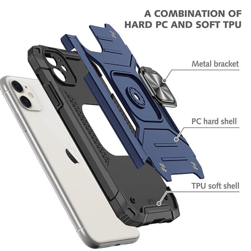Armor Car Holder Phone Case For iPhone 11 Pro 12 Mini XR XS Max 6 7 8 Plus SE 2020 Finger Ring Protection Cover For iphone Funda - All Fancy Phone Cases